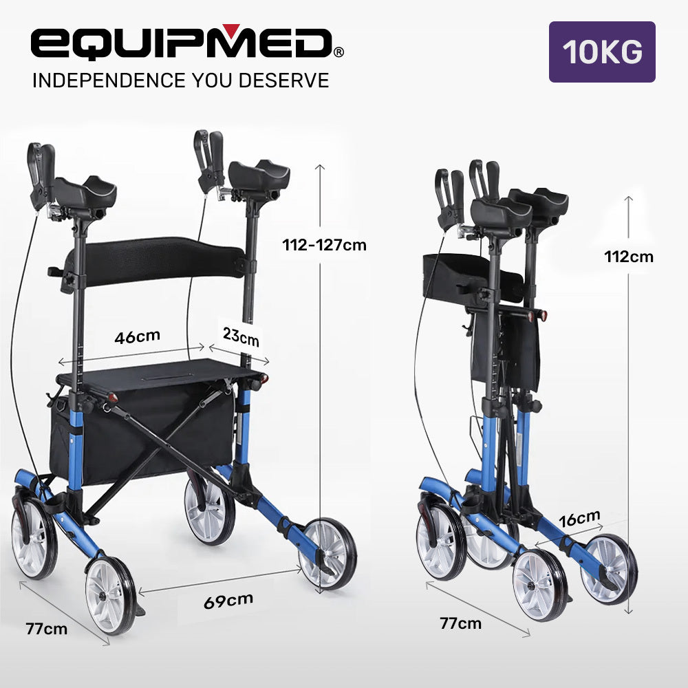 Blue EQUIPMED Upright Rollator Walker with forearm support rests, seat, and mobility aid for enhanced stability and comfort.