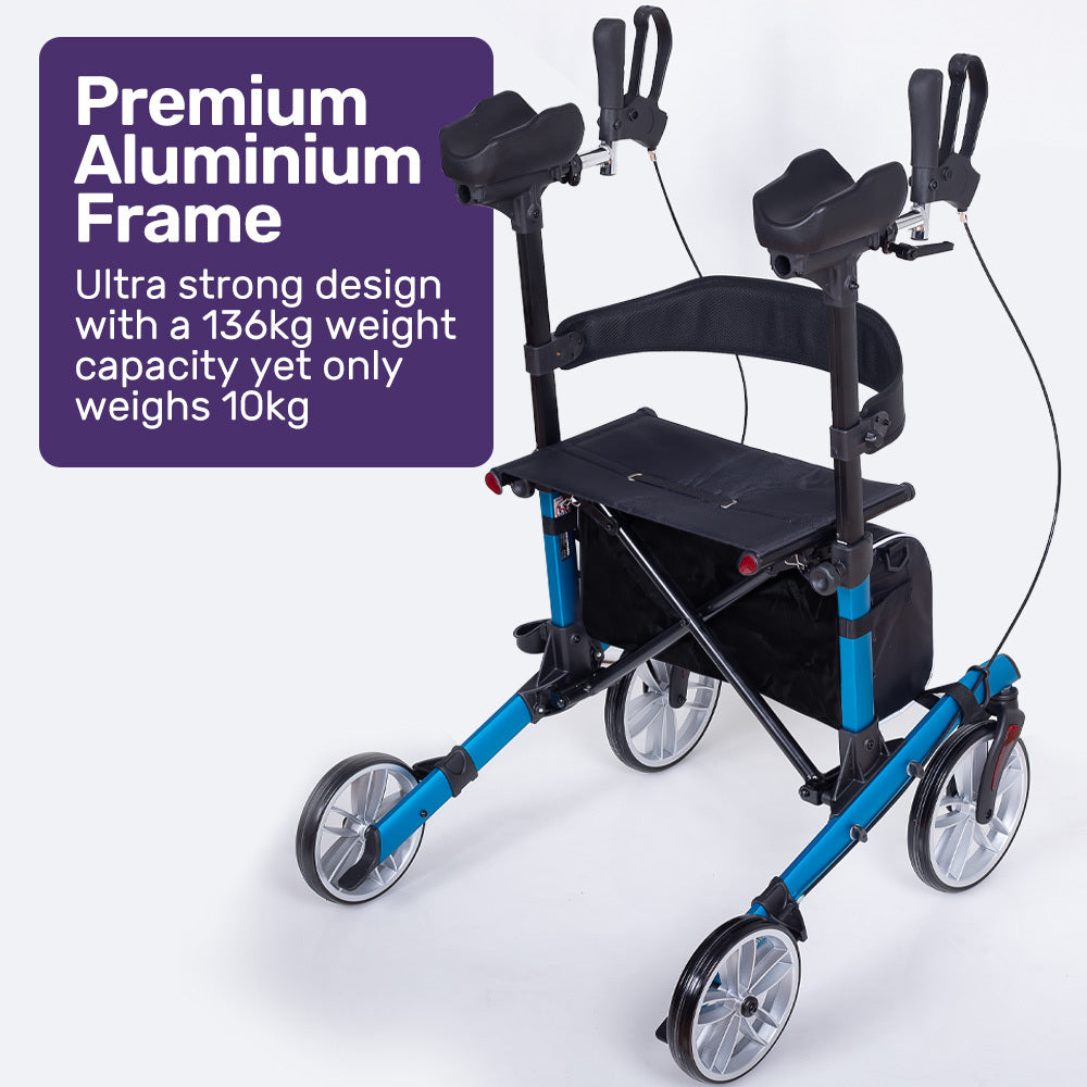 Hlpmedical EQUIPMED upright rollator walker with blue frame, forearm support rests, seat, and wheels for mobility assistance.
