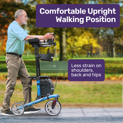 Blue EQUIPMED Upright Rollator Walker with forearm support rests, mobility aid featuring a seat for added stability and comfort.
