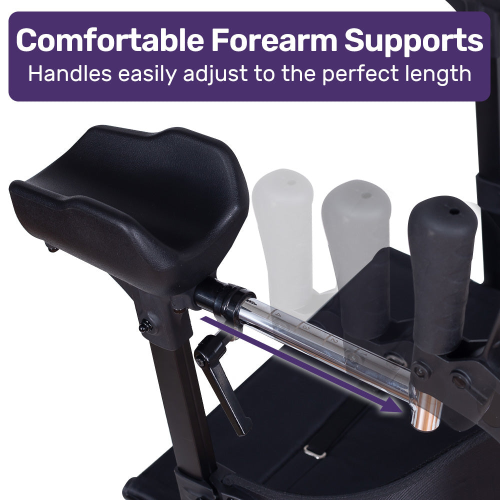 Blue EQUIPMED Upright Rollator Walker with forearm support rests, seat, and mobility aid for enhanced stability and accessibility.