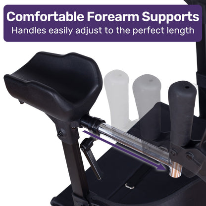 Blue EQUIPMED Upright Rollator Walker with forearm support rests, seat, and mobility aid for enhanced stability and accessibility.
