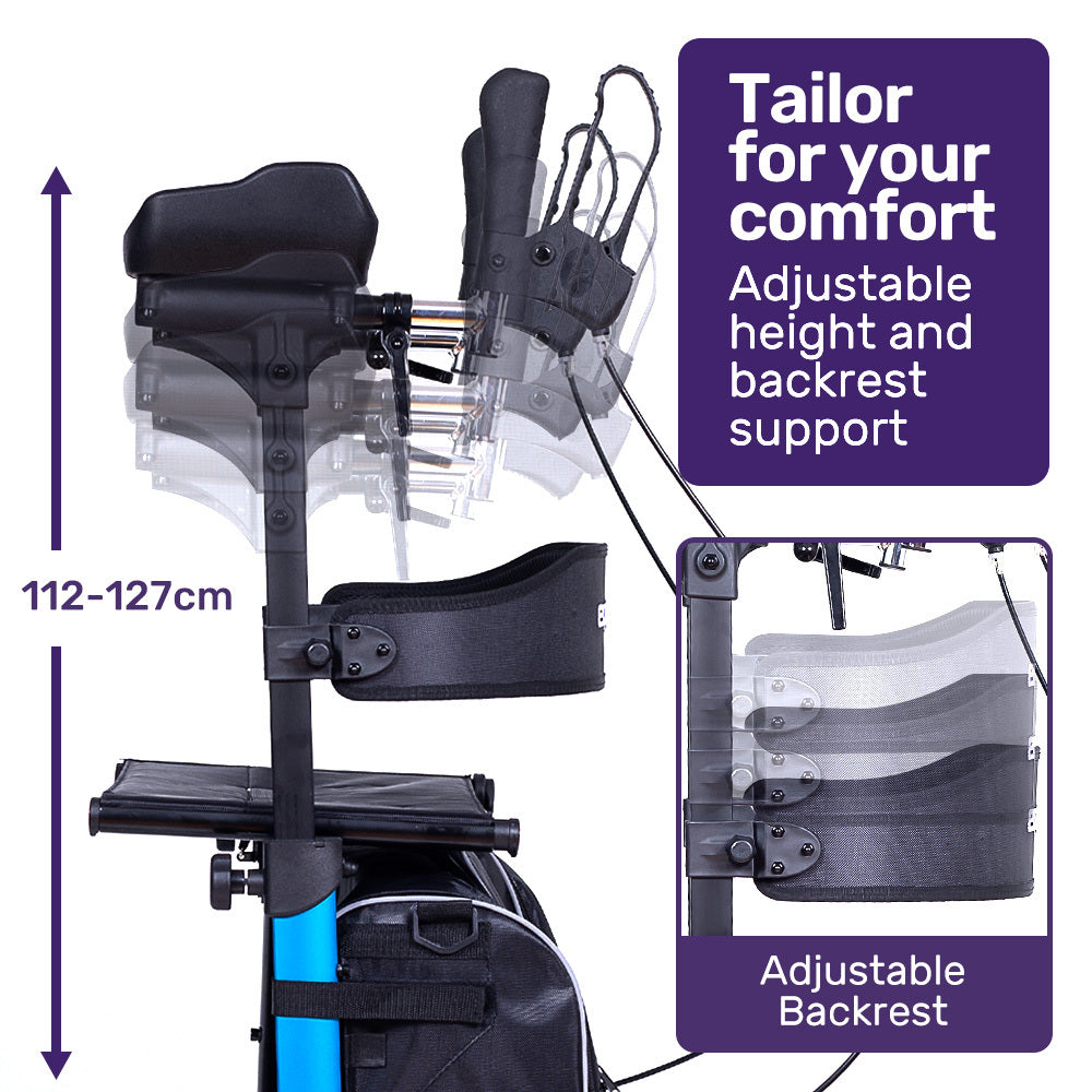 Blue EQUIPMED Upright Rollator Walker with forearm support rests and seat, a mobility aid designed for stability and comfort.