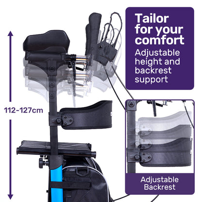 Blue EQUIPMED Upright Rollator Walker with forearm support rests and seat, a mobility aid designed for stability and comfort.