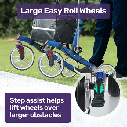 Blue EQUIPMED Upright Rollator Walker with forearm support rests, seat, and mobility aid for enhanced stability and comfort.