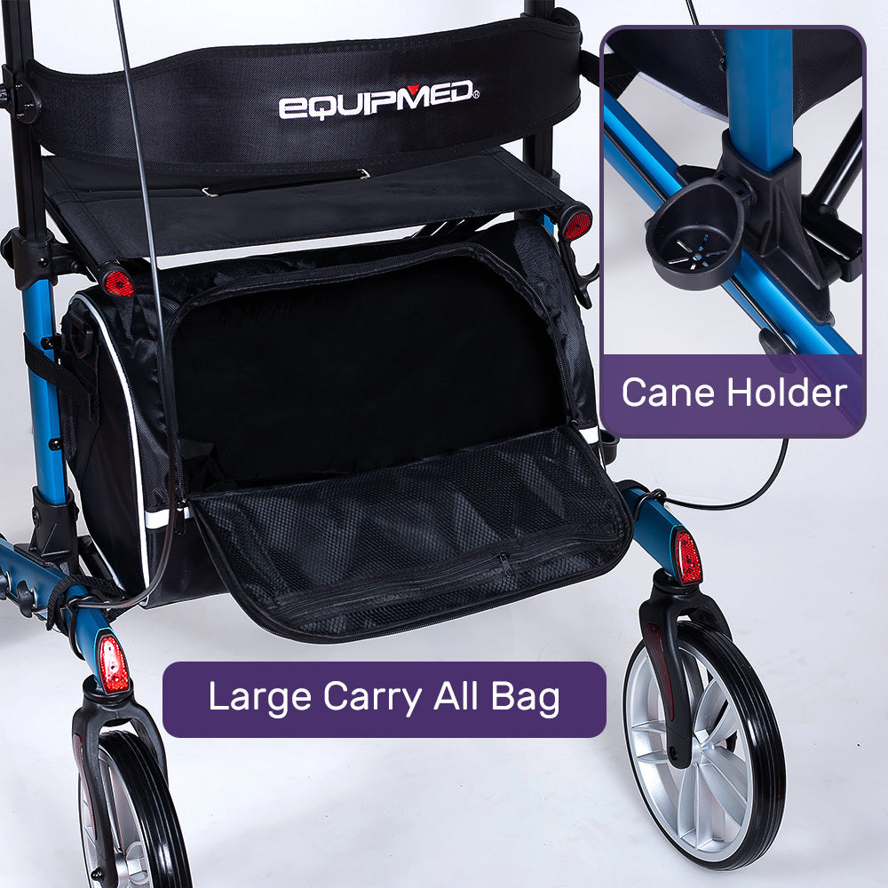 Blue EQUIPMED upright rollator walker with forearm support rests, seat, and mobility aid features, designed for improved stability.
