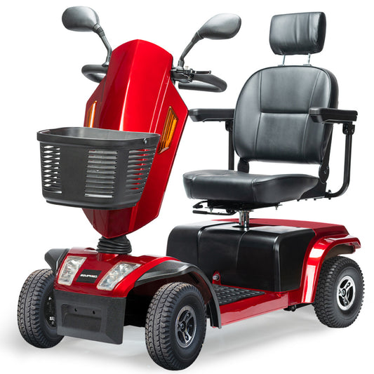 Hlpmedical EquipMed VentureCruise mobility scooter in red, with comfortable seating, large size, and 30km range for all riders.