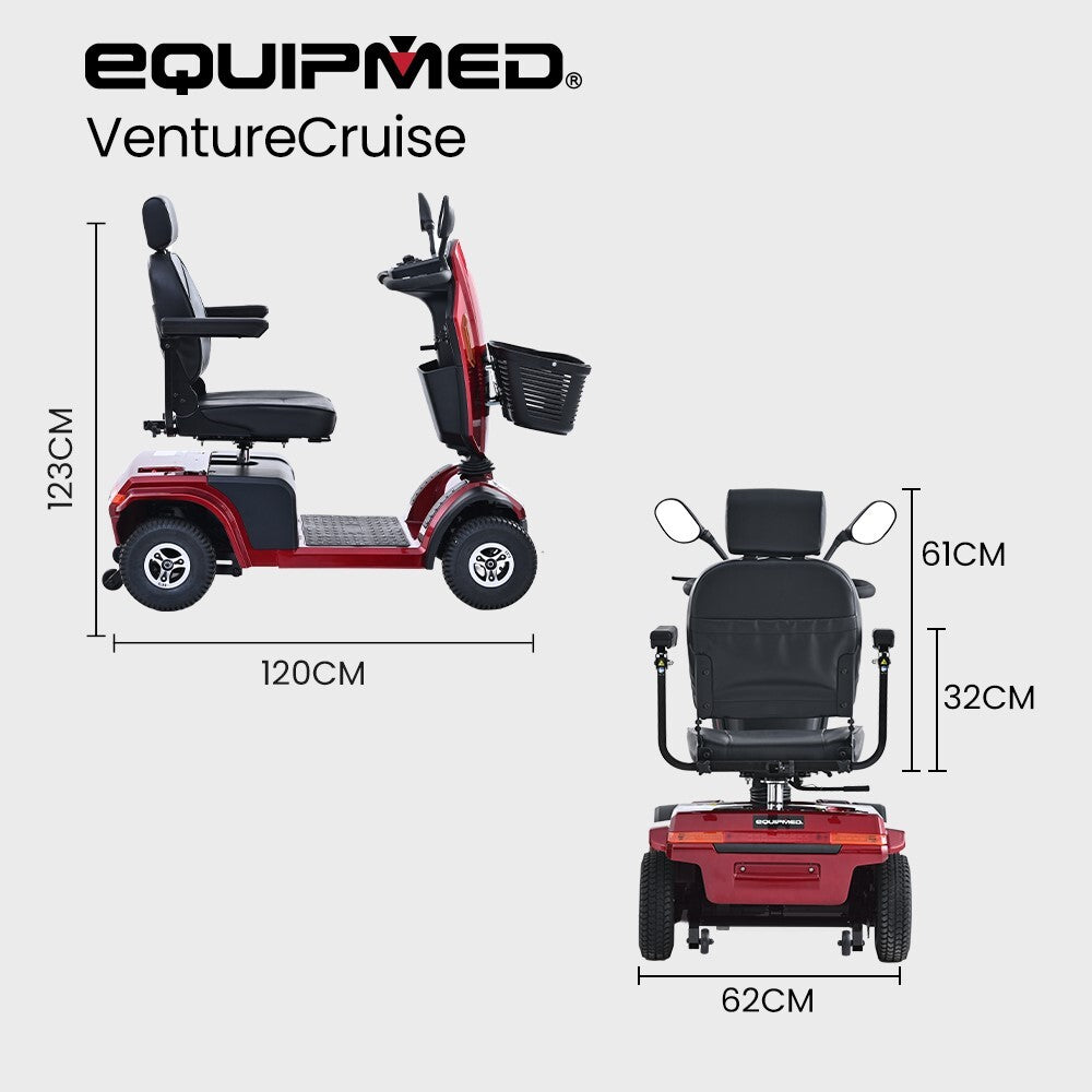 Red EQUIPMED VentureCruise mobility scooter with comfortable seat, large size, 30km range, and 180kg capacity for all riders.