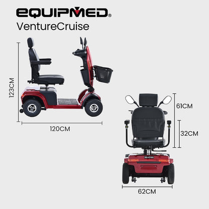 Red EQUIPMED VentureCruise mobility scooter with comfortable seat, large size, 30km range, and 180kg capacity for all riders.