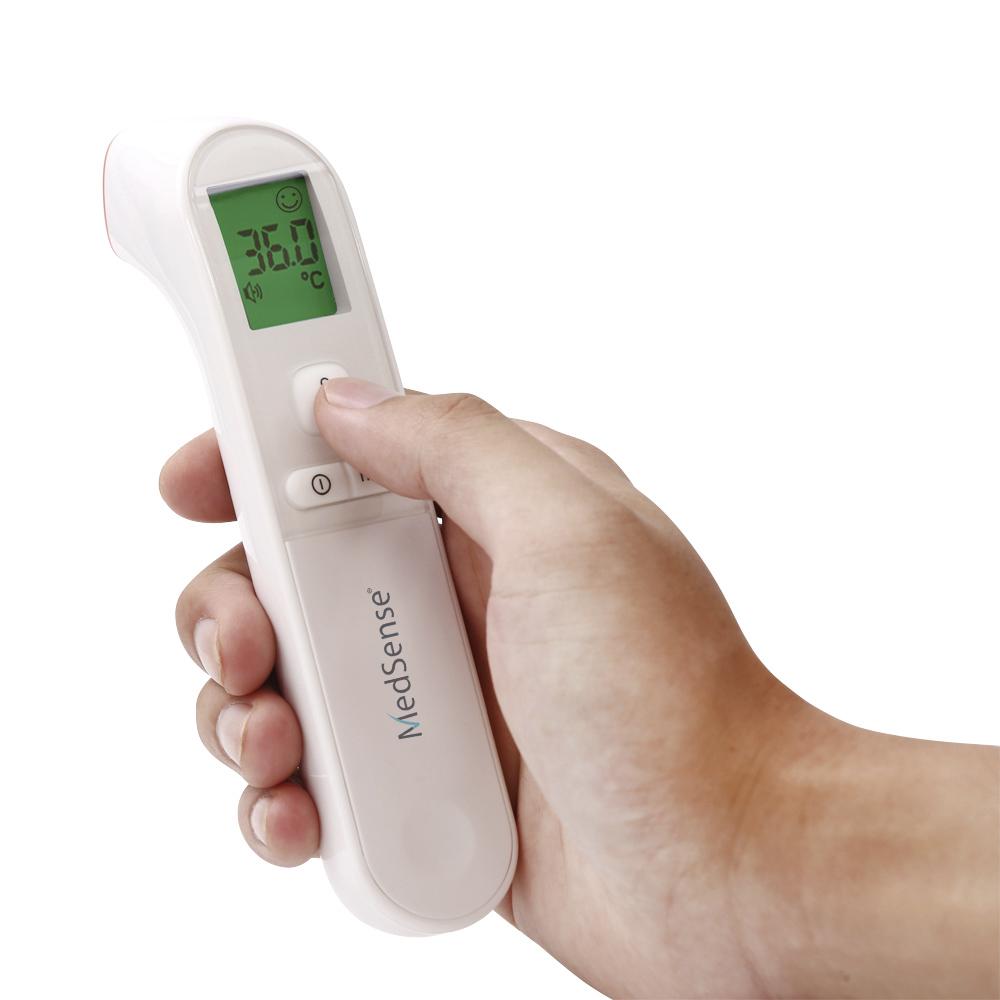 Hlpmedical MedSense Infrared Forehead Thermometer TF01 showing a digital display and sensor on the forehead for accurate temperature reading