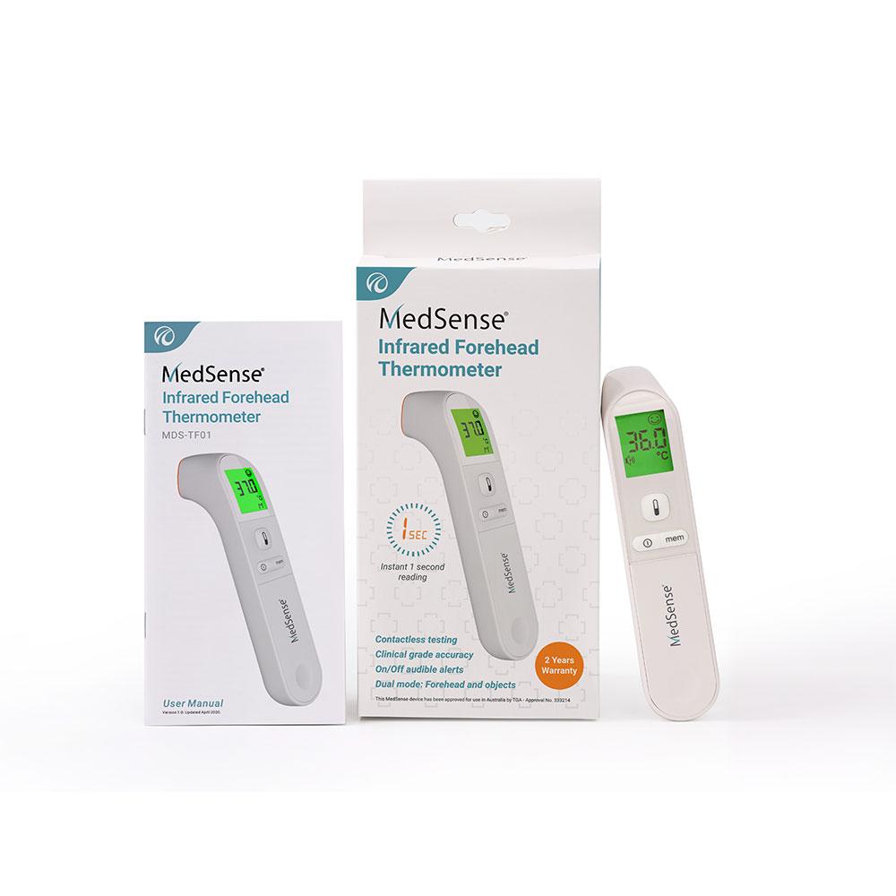 Hlpmedical MedSense Infrared Forehead Thermometer TF01 showing digital display and probe for quick temperature readings.
