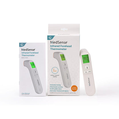 Hlpmedical MedSense Infrared Forehead Thermometer TF01 showing digital display and probe for quick temperature readings.