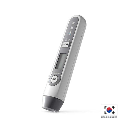 Hlpmedical MedSense infrared non-contact forehead thermometer showing digital display and sensor for quick temperature reading.