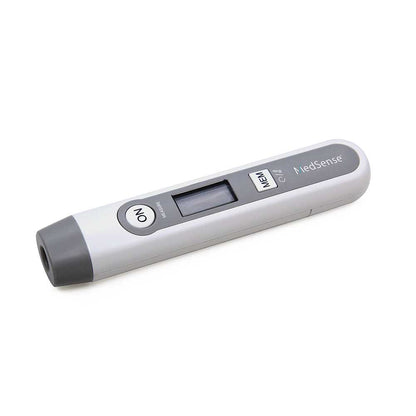 Hlpmedical MedSense Infrared Non-Contact Forehead Thermometer showing digital display and measurement sensor on a white background.