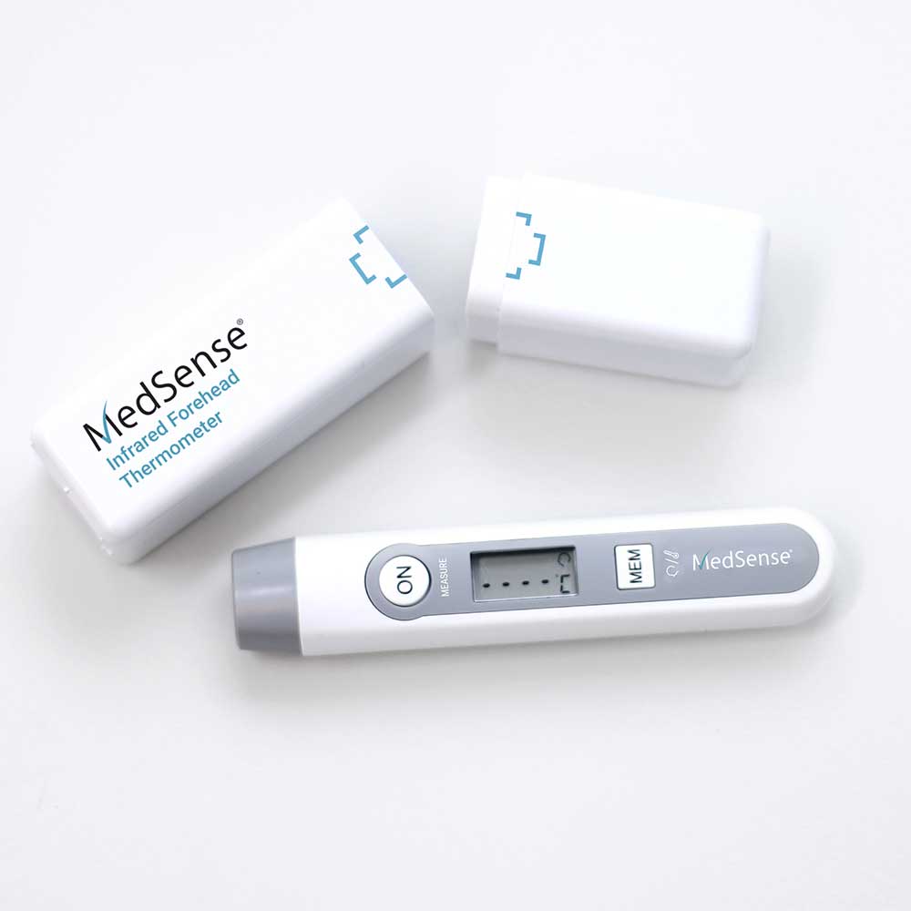 Hlpmedical MedSense Infrared Non-Contact Forehead Thermometer showing temperature reading on digital display