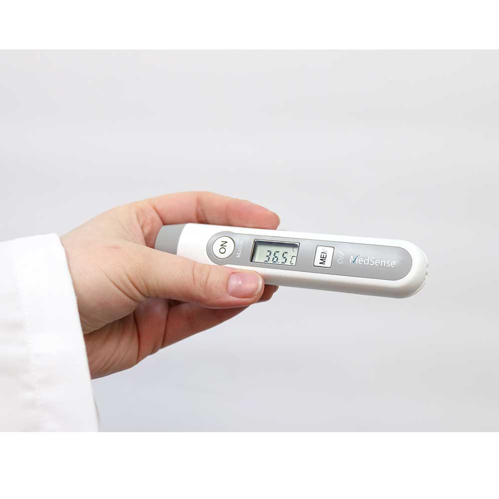 Hlpmedical MedSense Infrared Non-Contact Forehead Thermometer showing digital display and sensor for quick temperature reading