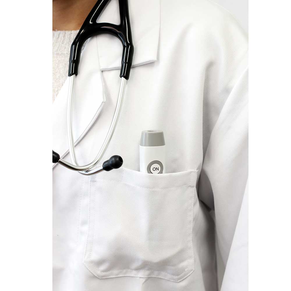 Hlpmedical MedSense infrared non-contact forehead thermometer showing digital display on a white background