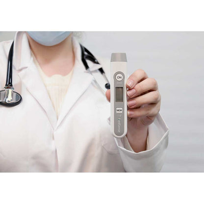 Hlpmedical MedSense Infrared Non-Contact Forehead Thermometer measuring temperature on a person's forehead.