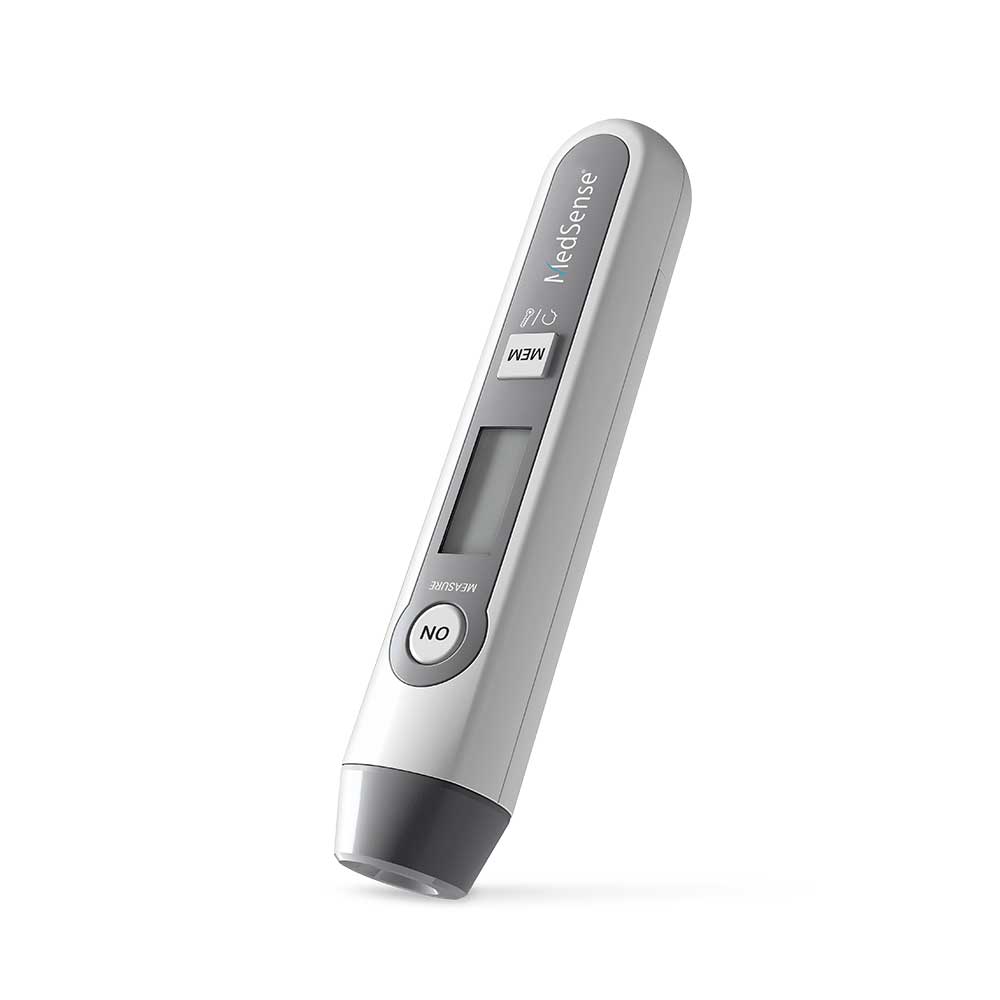 Hlpmedical MedSense Infrared Non-Contact Forehead Thermometer showing digital display and sensor for accurate temperature readings.