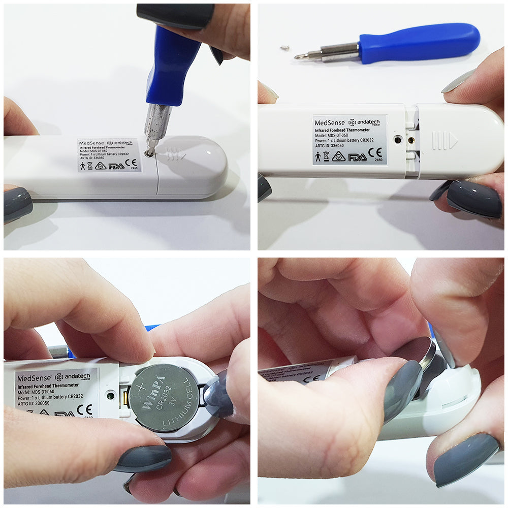 Hlpmedical MedSense Infrared Non-Contact Forehead Thermometer showing measurement display on digital screen.