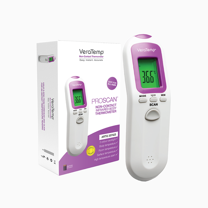 Hlpmedical VeraTemp non-contact baby thermometer with infrared sensor and LCD display for quick, accurate temperature readings.