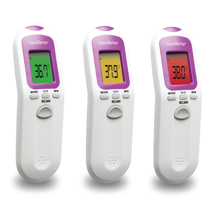Hlpmedical VeraTemp non-contact baby thermometer with infrared sensor and LCD display for quick, safe temperature readings.