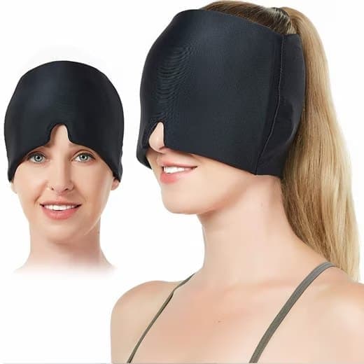 Black cooling migraine cap with gel eye mask by Hlpmedical, designed for headache relief and sleep aid, compatible with Oral-B.