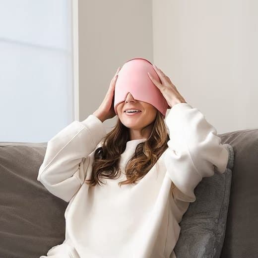 Hlpmedical cooling migraine cap with gel eye mask in black, designed for headache relief and sleep aid, compatible with Oral-B.
