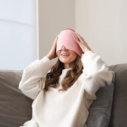 Hlpmedical cooling migraine cap with gel eye mask in black, designed for headache relief and sleep aid, compatible with Oral-B.