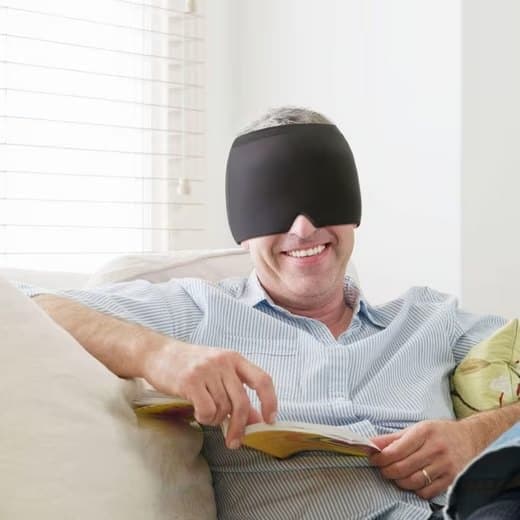 Cooling migraine cap with gel eye mask in black by Hlpmedical, designed for headache relief and sleep aid.