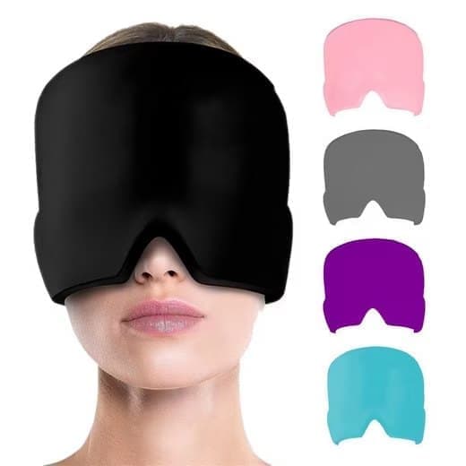 Black cooling migraine cap with gel eye mask for headache relief and sleep aid, designed by Hlpmedical for soothing comfort.