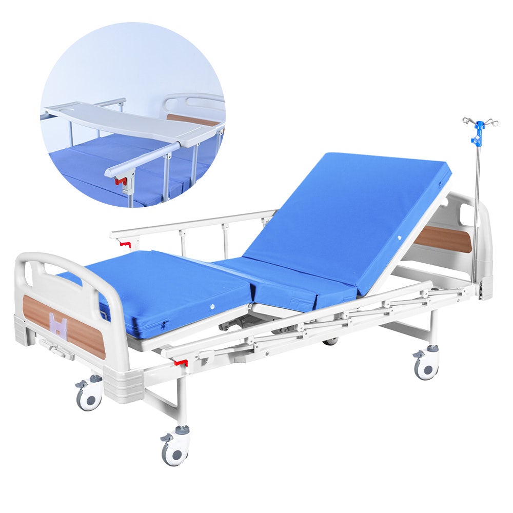 Hlpmedical EQUIPMED 4 Function Medical Bed with mattress, over bed table, adjustable back and leg incline, IV pole for healthcare use