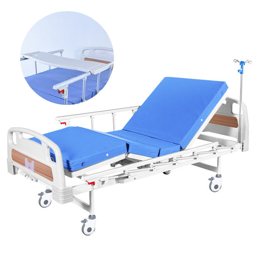 Hlpmedical EQUIPMED 4-function medical bed with mattress, over bed table, manual adjustable back and leg incline, IV pole.