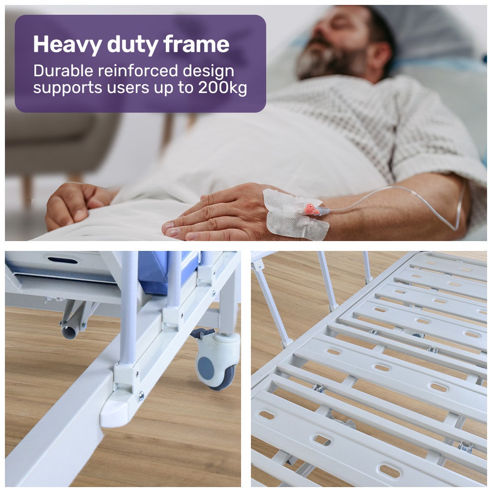 Hlpmedical EQUIPMED 4-function medical bed with mattress, over bed table, adjustable back and leg incline, IV pole, in a healthcare setting.