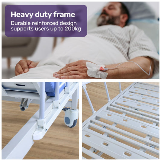 Hlpmedical EQUIPMED 4 function medical bed with mattress, over-bed table, manual incline adjustments, and IV pole for patient care.