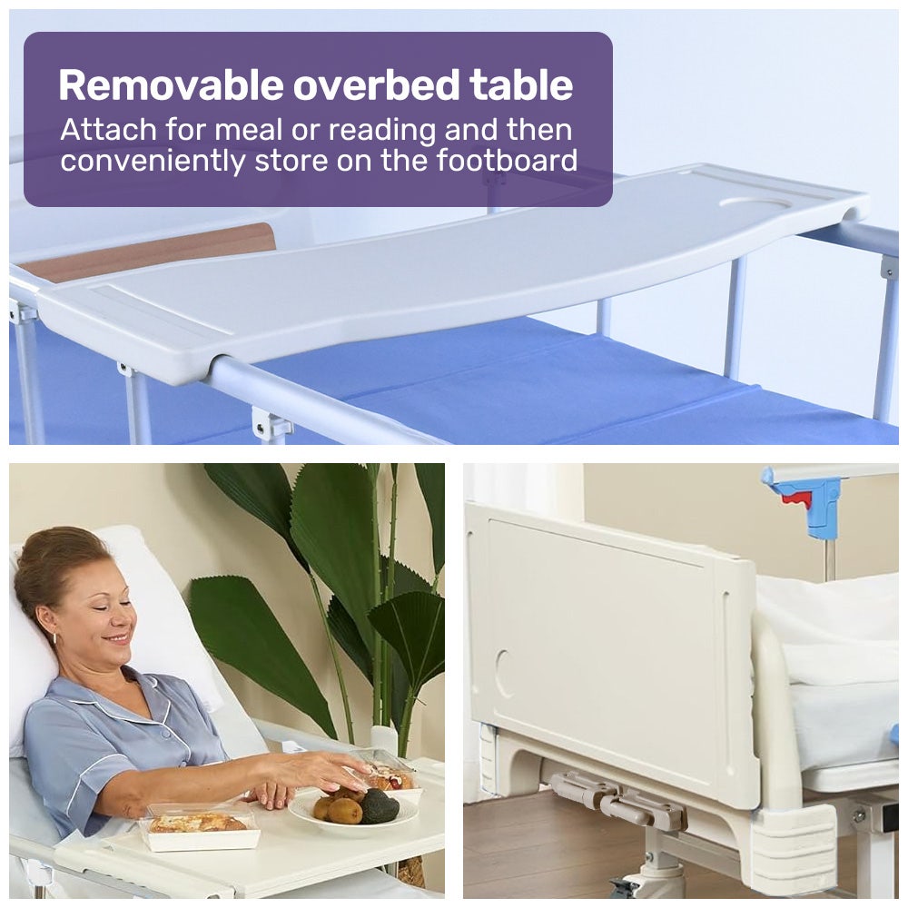 Hlpmedical EQUIPMED 4-function medical bed with mattress, over bed table, adjustable back and leg incline, IV pole for patient care.