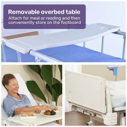 Hlpmedical EQUIPMED 4-function medical bed with mattress, over bed table, adjustable back and leg incline, IV pole for patient care.