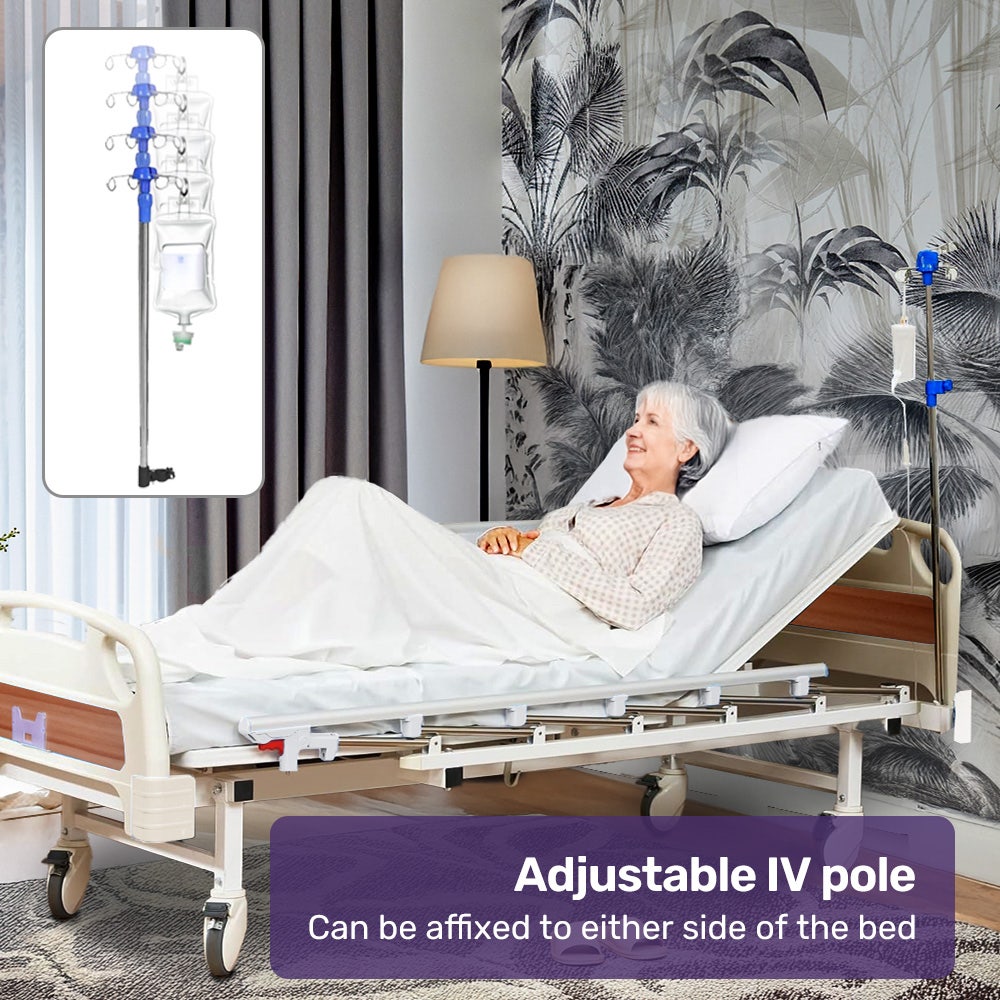 Hlpmedical EQUIPMED 4-function medical bed with mattress, over-bed table, adjustable back and leg inclines, IV pole for patient care.