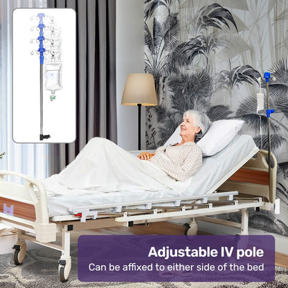 Hlpmedical EQUIPMED 4-function medical bed with mattress, over-bed table, adjustable back and leg inclines, IV pole for patient care.