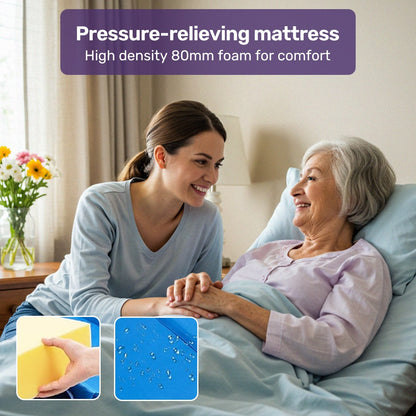 Hlpmedical EQUIPMED 4-function medical bed with mattress, over-bed table, adjustable back and leg incline, and IV pole.