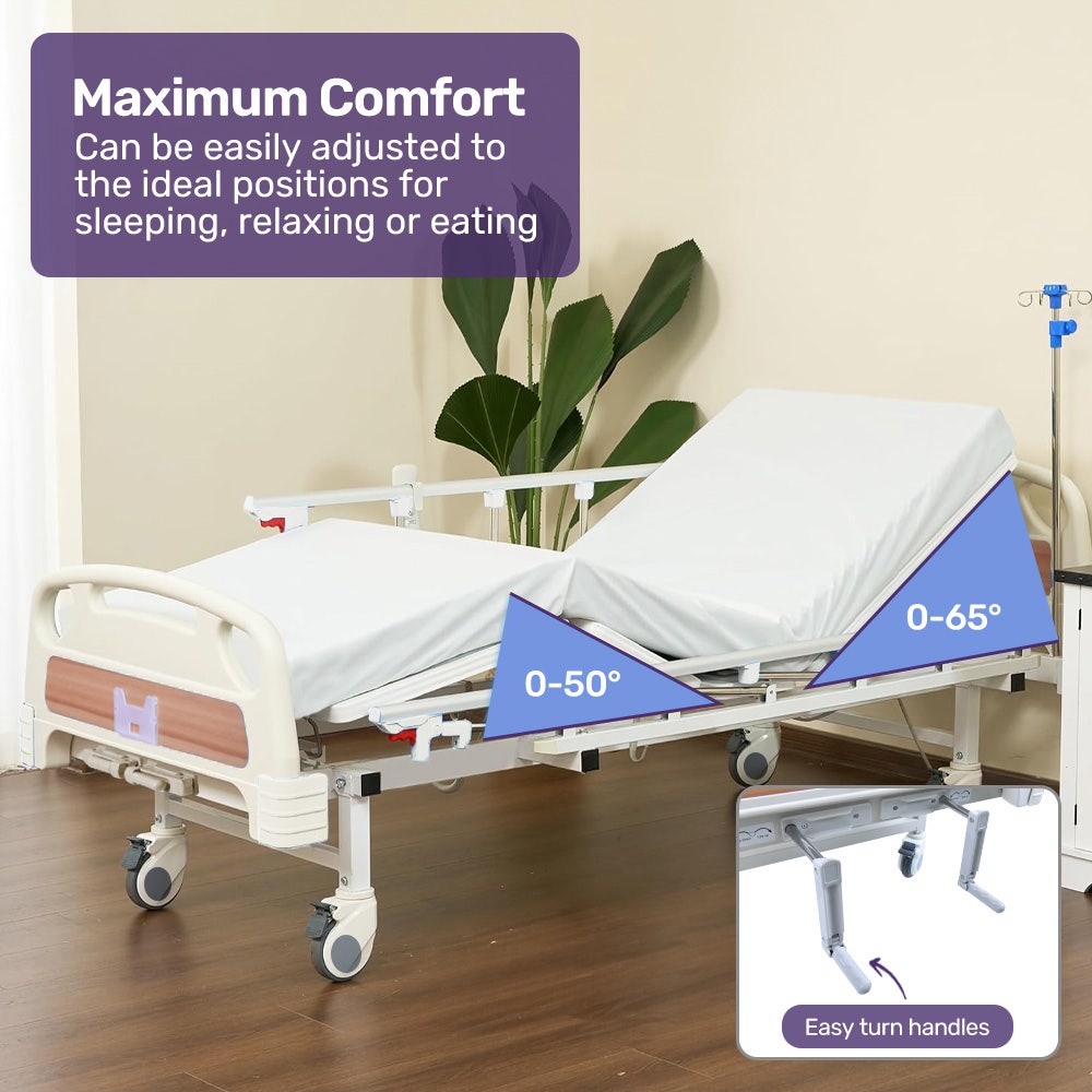 Hlpmedical EQUIPMED 4-function medical bed with mattress, over bed table, adjustable back and leg incline, IV pole for health care.