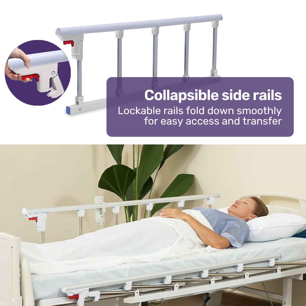 Hlpmedical EQUIPMED 4-function medical bed with mattress, over bed table, adjustable back and leg incline, IV pole for healthcare use.