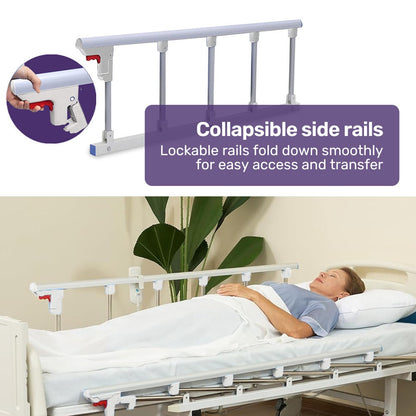 Hlpmedical EQUIPMED 4-function medical bed with mattress, over bed table, adjustable back and leg incline, IV pole for healthcare use.