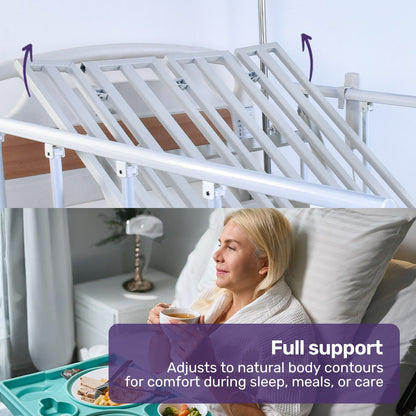 Hlpmedical EQUIPMED 4-function medical bed with mattress, over-bed table, adjustable back and leg inclines, IV pole.