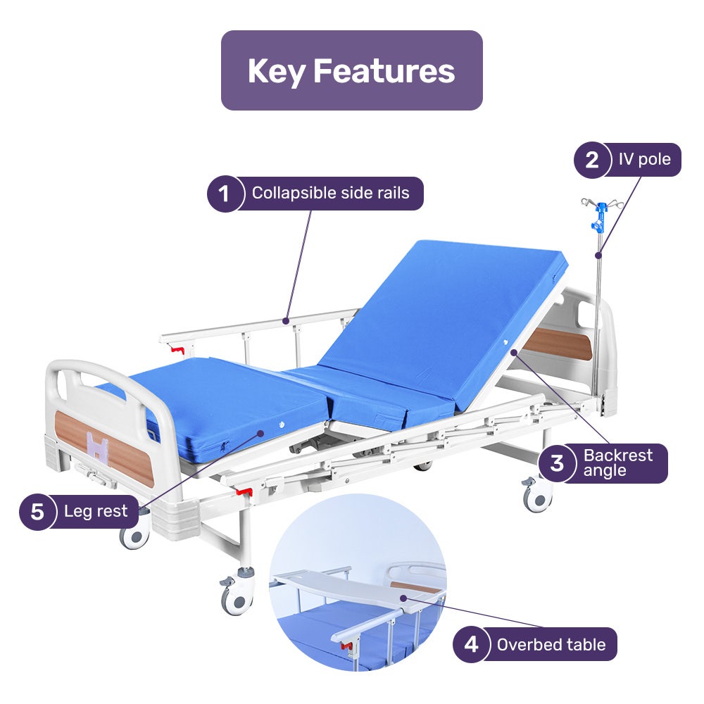 Hlpmedical EQUIPMED 4-function medical bed with mattress, over-bed table, IV pole, and manual adjustable back and leg incline