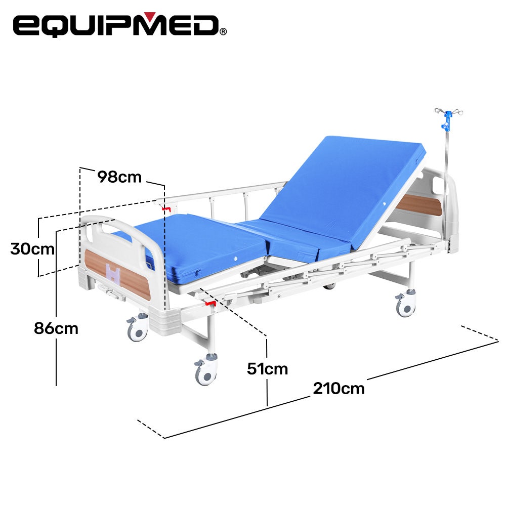 Hlpmedical EQUIPMED 4-function medical bed with mattress, over bed table, adjustable back and leg inclines, and IV pole for healthcare use.