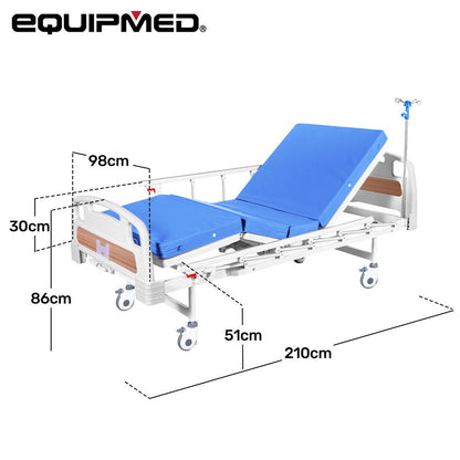 Hlpmedical EQUIPMED 4-function medical bed with mattress, over bed table, adjustable back and leg inclines, and IV pole for healthcare use.