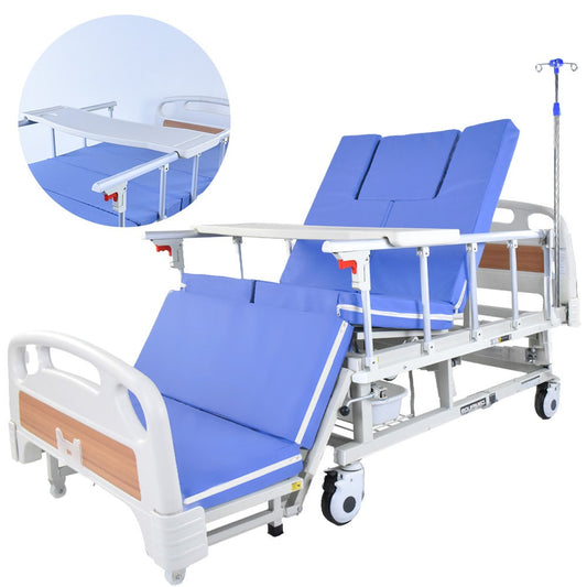 Hlpmedical EQUIPMED 7-function medical bed with mattress, over-bed table, adjustable back and leg lifts, lateral tilt, and IV pole.