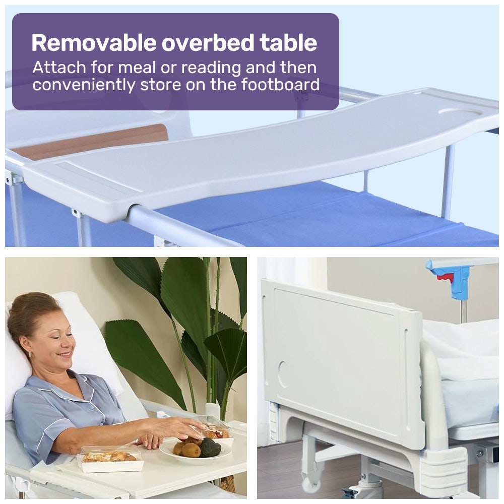 Hlpmedical EQUIPMED 7-function medical bed with adjustable back and leg lifts, mattress, over-bed table, IV pole, and commode bowl.