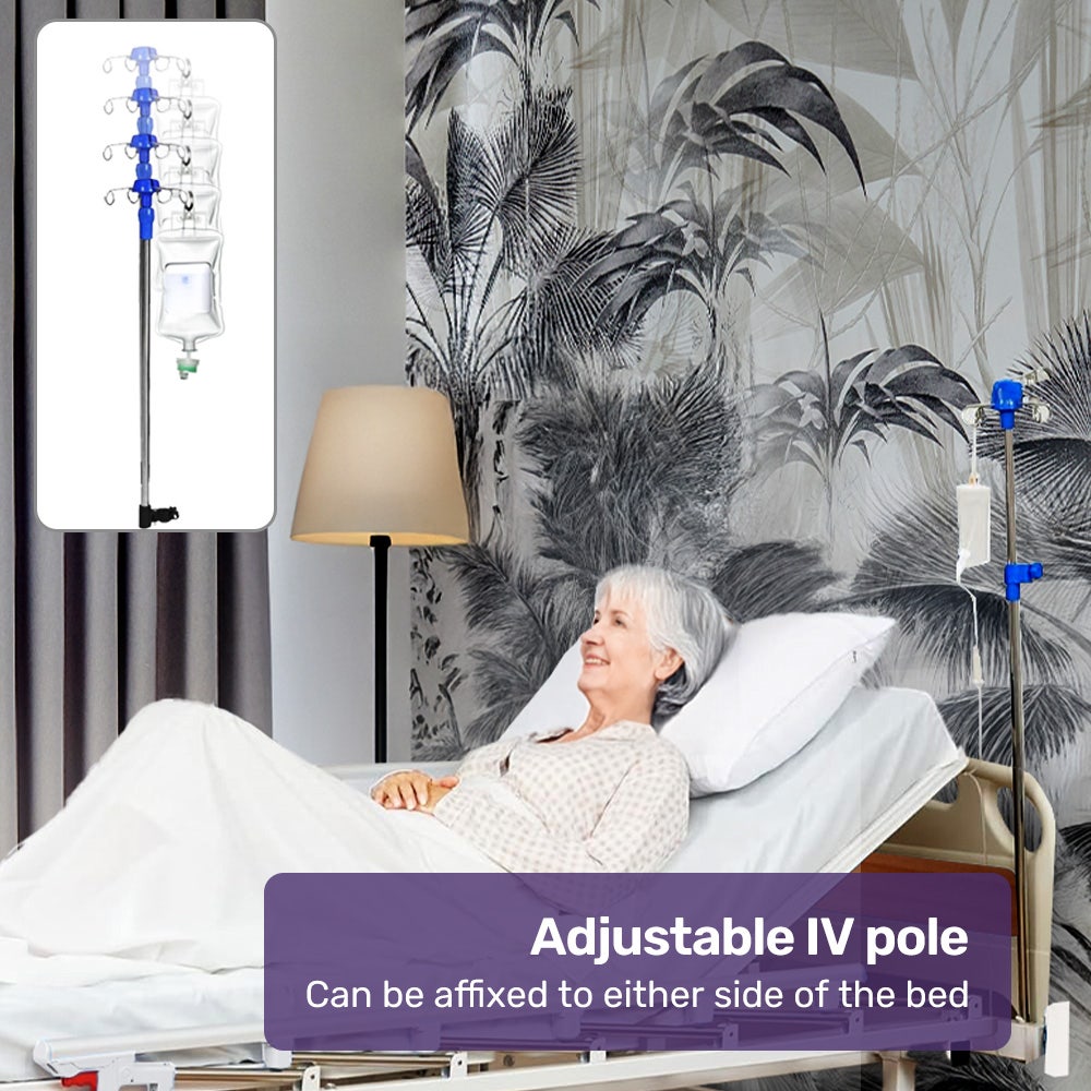 Hlpmedical EQUIPMED 7-function medical bed with mattress, over bed table, adjustable back and leg lifts, lateral tilt, commode bowl, IV pole