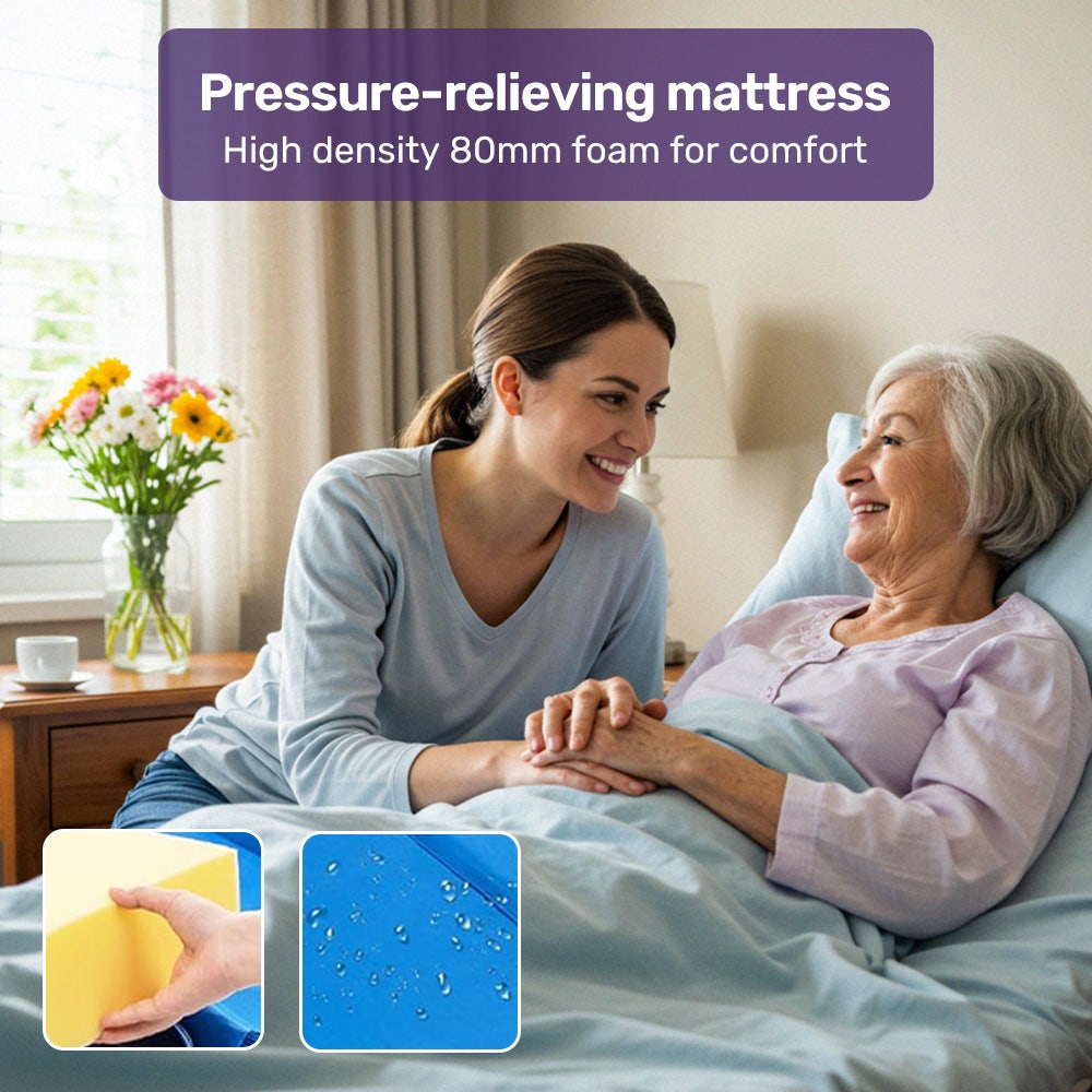 Hlpmedical EQUIPMED 7-function medical bed with mattress, over bed table, adjustable back and leg lifts, lateral tilt, and IV pole.